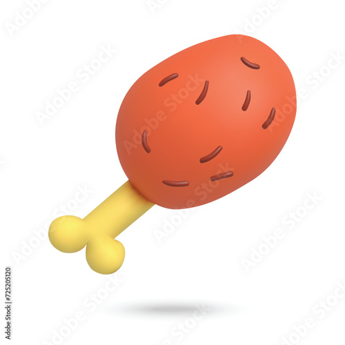 3D fried chicken leg on white background. Plasticine cartoon style icon. Vector illustration design.