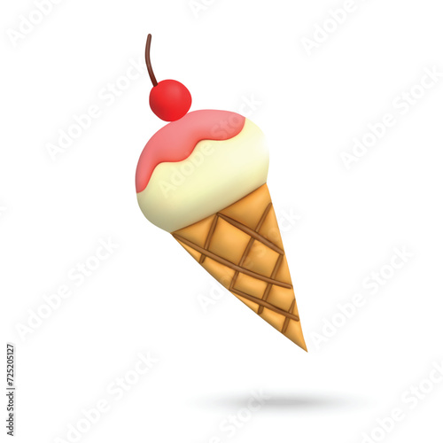 3D ice cream cone on white background. Plasticine cartoon style icon. Vector illustration design.