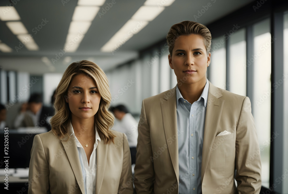 Portrait of confident business man and woman looking at camera while standing with colleague in office Portrait of confident business man and woman looking at camera while standing with colleague in office