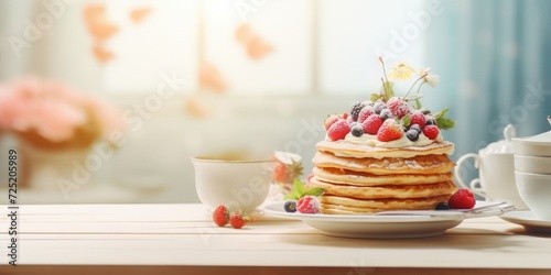 Breakfast food and cake on a kitchen table with copy space background.