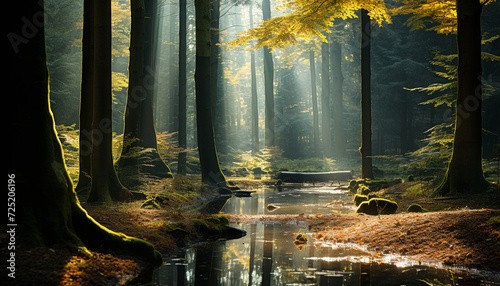 Tranquil autumn forest foggy mystery, vibrant colors, serene reflection generated by AI