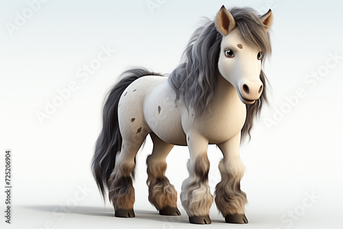 Gypsy Vanner horse on a white background. Adorable 3D cartoon animal portrait.