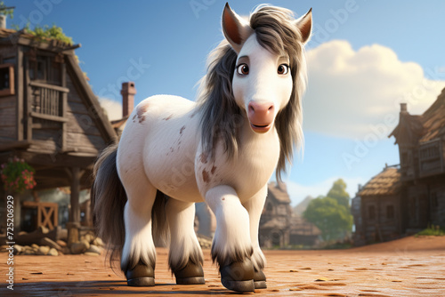 Gypsy Vanner horse in an outdoor setting. Adorable 3D cartoon animal portrait.