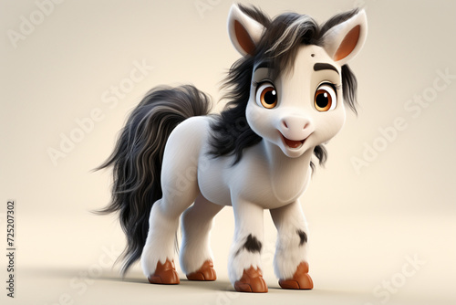 Gypsy Vanner horse on a white background. Adorable 3D cartoon animal portrait.