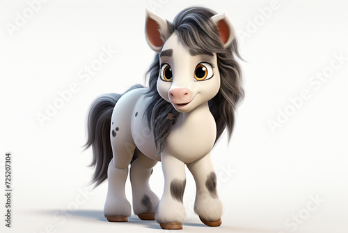 Gypsy Vanner horse on a white background. Adorable 3D cartoon animal portrait.