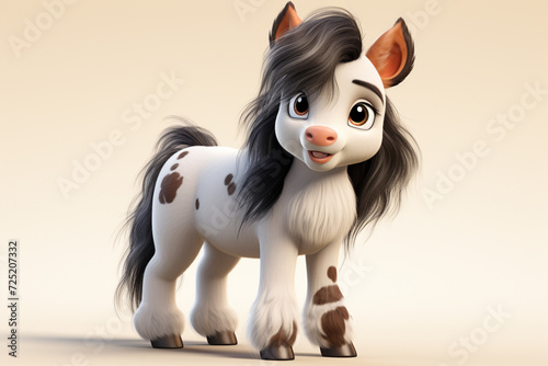 Gypsy Vanner horse on a white background. Adorable 3D cartoon animal portrait.