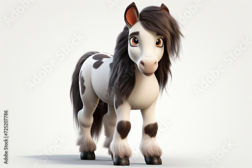 Gypsy Vanner horse on a white background. Adorable 3D cartoon animal portrait.