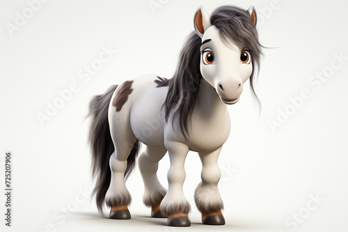 Gypsy Vanner horse on a white background. Adorable 3D cartoon animal portrait.