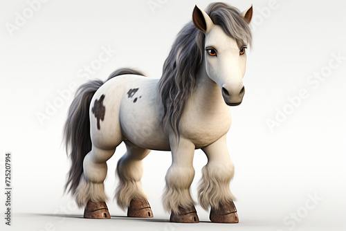 Gypsy Vanner horse on a white background. Adorable 3D cartoon animal portrait.