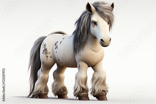 Gypsy Vanner horse on a white background. Adorable 3D cartoon animal portrait.