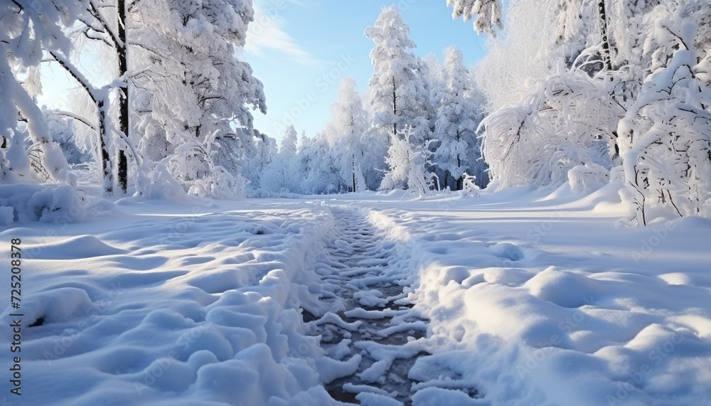 Winter forest, nature frozen beauty in tranquil scene generated by AI