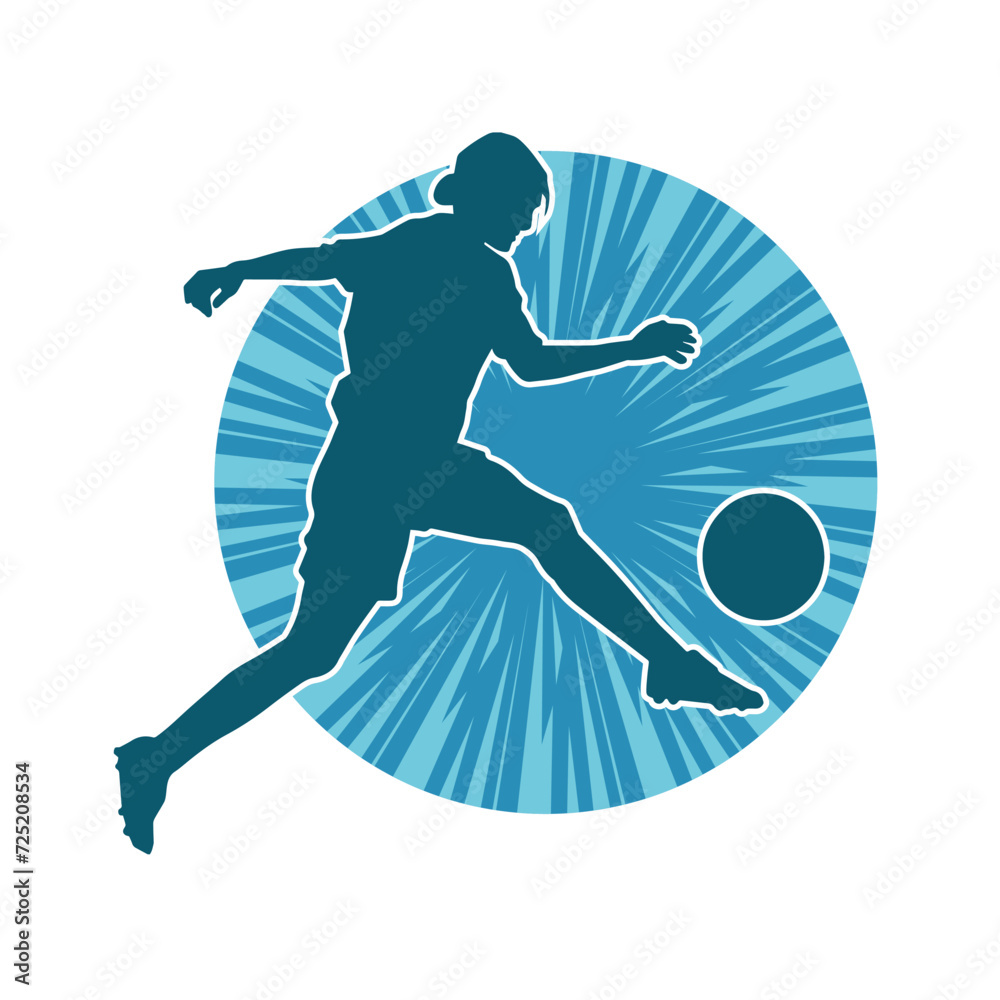 Silhouette of a female soccer player kicking a ball. Silhouette of a football player woman in action pose.