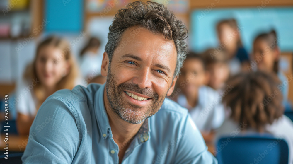 Portrait of smiling male teacher in a class at elementary school looking at camera with learning students on background. Happy smiling middle aged man elementary or junior school male teacher Portrait of smiling male teacher in a class at elementary school looking at camera with learning students on background. Happy smiling middle aged man elementary or junior school male teacher