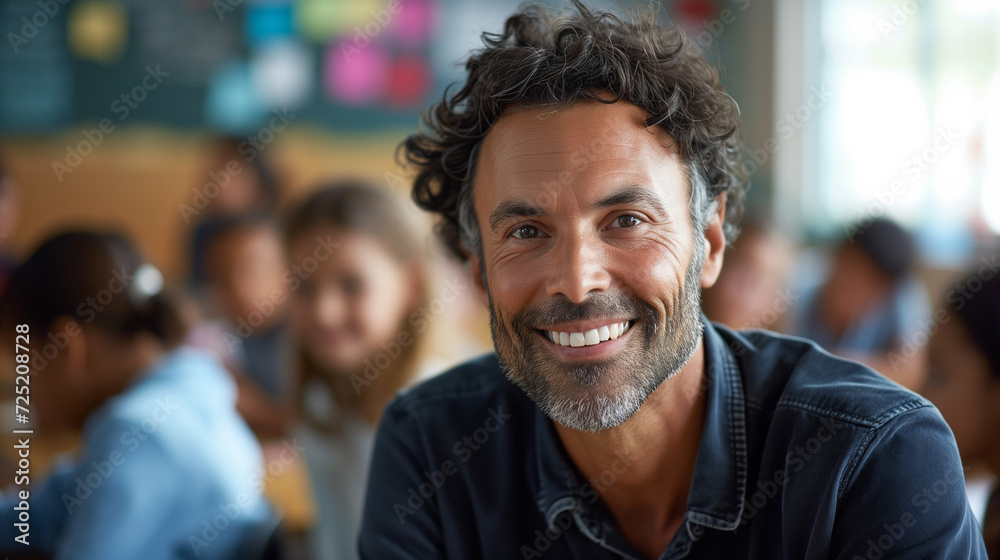 Portrait of smiling male teacher in a class at elementary school looking at camera with learning students on background. Happy smiling middle aged man  elementary or junior school male teacher 