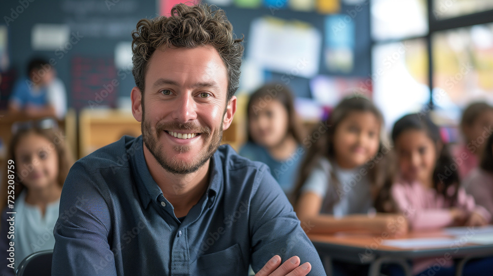 Portrait of smiling male teacher in a class at elementary school looking at camera with learning students on background. Happy smiling middle aged man elementary or junior school male teacher Portrait of smiling male teacher in a class at elementary school looking at camera with learning students on background. Happy smiling middle aged man elementary or junior school male teacher