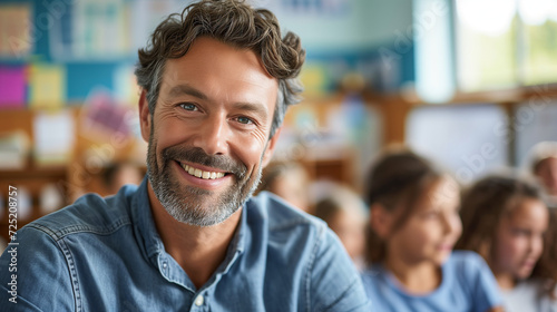 Portrait of smiling male teacher in a class at elementary school looking at camera with learning students on background. Happy smiling middle aged man elementary or junior school male teacher 