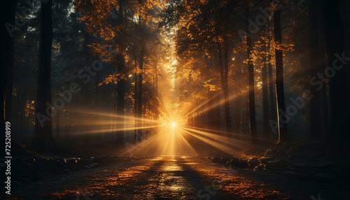 Sunset illuminates vibrant autumn colors in a mysterious forest landscape generated by AI