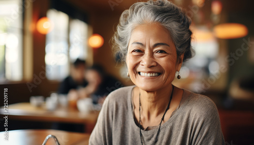 One confident woman sitting in a coffee shop, smiling generated by AI