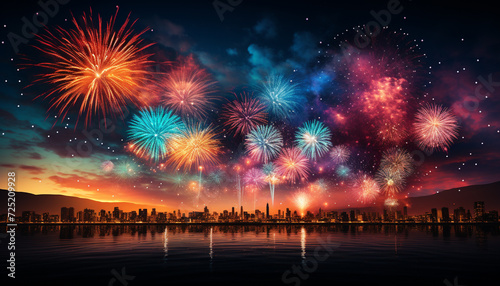 Vibrant colors illuminate city skyline in explosive celebration generated by AI