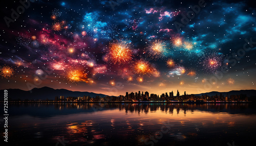 Firework display illuminates the night sky in Vancouver generated by AI