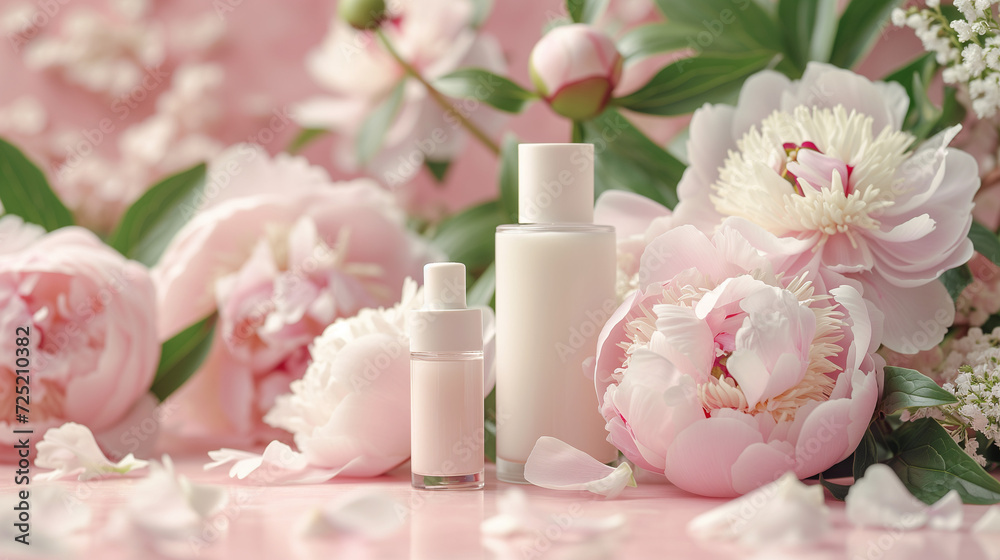 Glass dropper bottle peony flower. petals background. Hyaluronic acid oil, serum with collagen and peptides skin care product. Mockup packaging, cosmetic design branding Women's Day concept. Top view Glass dropper bottle peony flower. petals background. Hyaluronic acid oil, serum with collagen and peptides skin care product. Mockup packaging, cosmetic design branding Women's Day concept. Top view