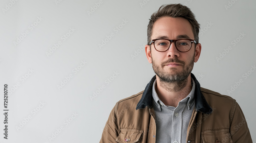 Fototapeta premium close-up, visualize an American male teacher standing confidently on a pristine white background, with facial expressions, passion for teaching, school concept