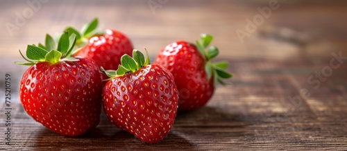 Three ripe strawberries isolated on a wooden table  with space for text or design.