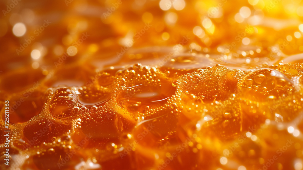Close-up of golden honey with bubbles highlighting its viscosity and natural sweetness, suitable for food and health concepts - obrazy, fototapety, plakaty 
