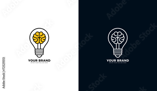 Brain inspiration logo. Creative idea design of light bulb and smart brain, graphic vector illustration