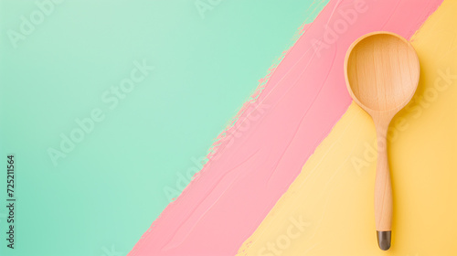 A wooden spoon on a pastel tricolor background representing creative cooking or springtime culinary concepts