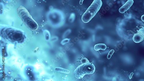 3D illustration of various bacteria and viruses on a blue microscopic background  depicting concepts of microbiology  infection  and healthcare