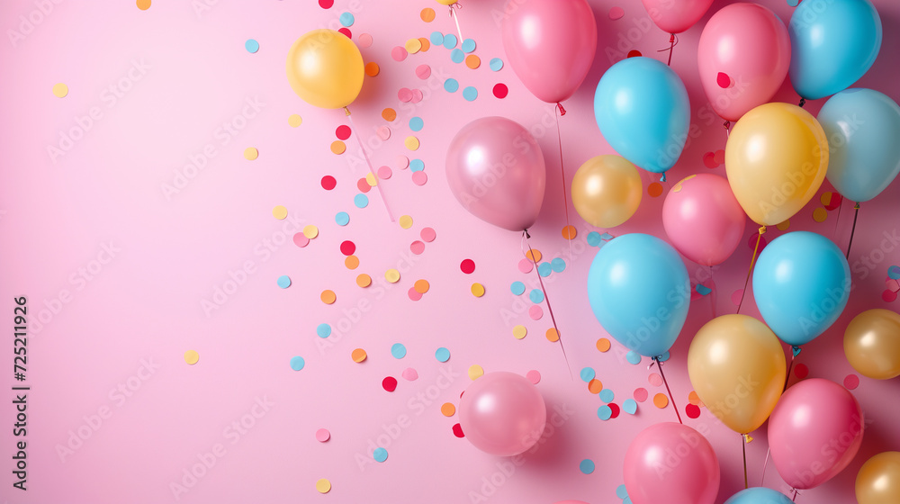 Festive background with pastel balloons and multicolored confetti on a pink gradient, suitable for birthday or celebration concepts background  with a place for text