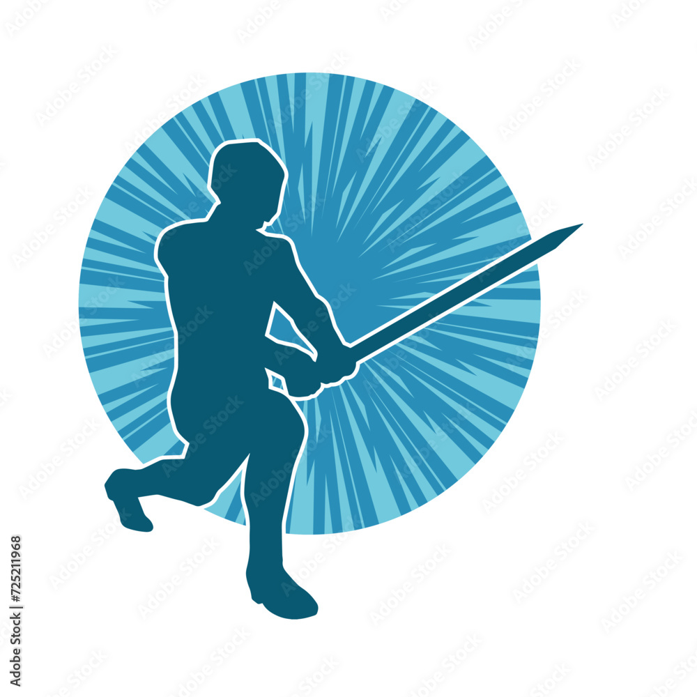 Silhouette of a male warrior in action pose with sword weapon. Silhouette of a man fighter carrying sword weapon. Silhouette of a male warrior in action pose with sword weapon. Silhouette of a man fighter carrying sword weapon.