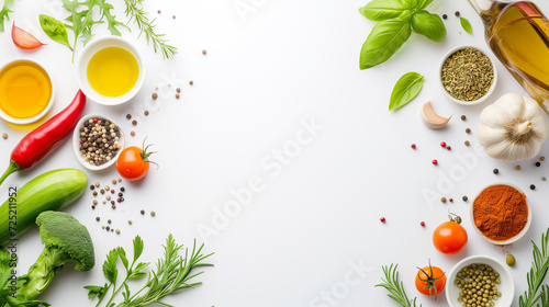 A fresh array of vegetables, herbs, spices, and olive oil arranged neatly on a white background  with a place for text, conceptually representing healthy eating or cooking ingredients