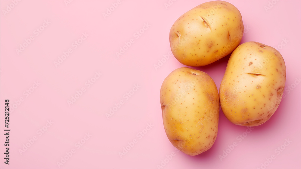 Three whole, fresh yellow potatoes on a plain pink background with a place for text, with ample copy space