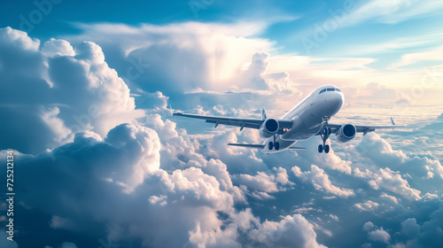 White passenger airplane flying in the sky amazing clouds in the background. 