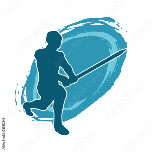 Silhouette of a male warrior in action pose with sword weapon. Silhouette of a man fighter carrying sword weapon.