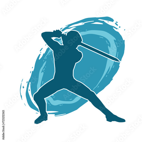 Silhouette of a male warrior in action pose with sword weapon. Silhouette of a man fighter carrying sword weapon.