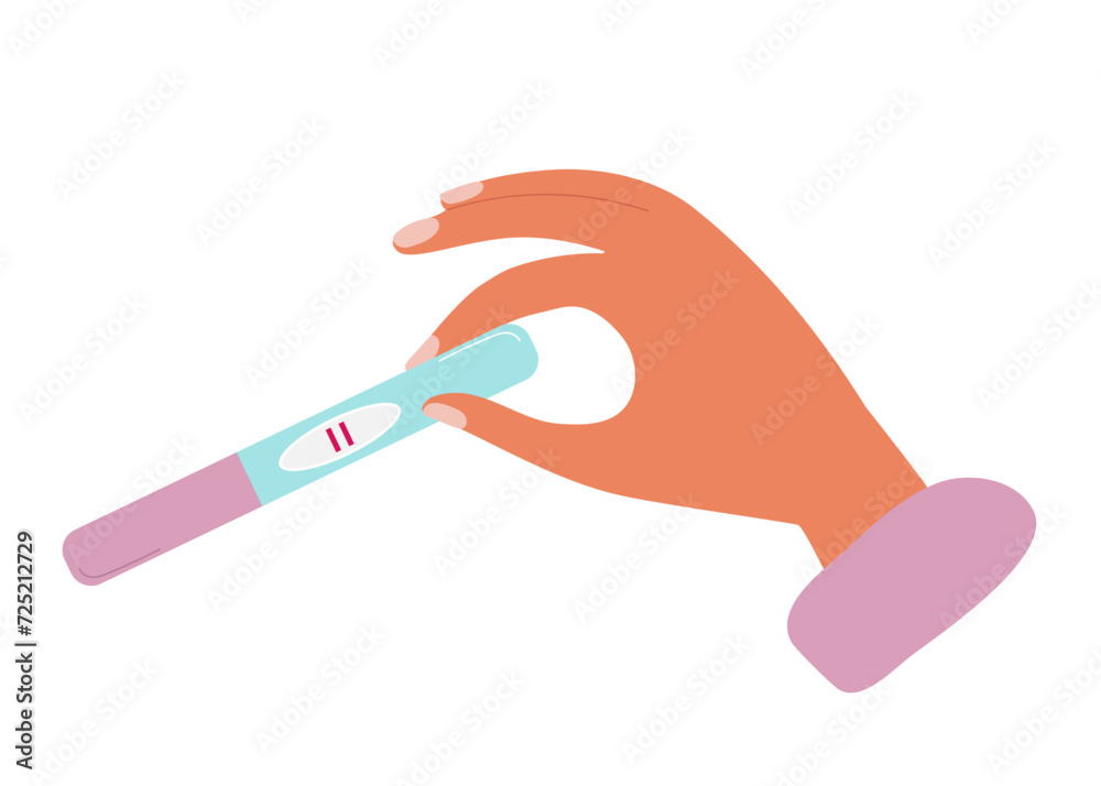 Female hand holding positive pregnancy test with two stripes. Desire have baby. Child planning, maternity and health care concept. Future maternity concept flat vector illustration isolated on white. Female hand holding positive pregnancy test with two stripes. Desire have baby. Child planning, maternity and health care concept. Future maternity concept flat vector illustration isolated on white.