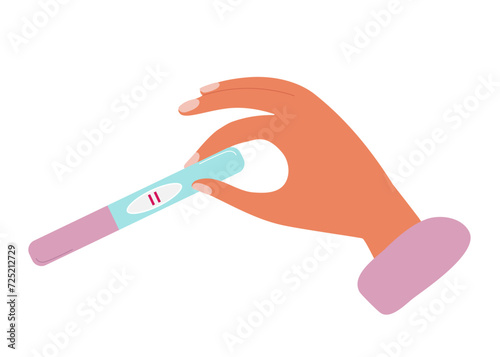 Female hand holding positive pregnancy test with two stripes. Desire have baby. Child planning, maternity and health care concept. Future maternity concept flat vector illustration isolated on white.