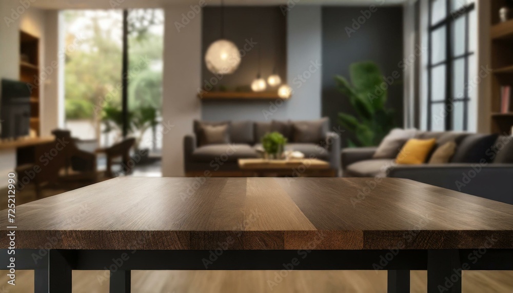 Empty dark wooden tabletop with blurred living room background, modern living room with dark Wood table with blurred modern apartment interior background, dining room with table