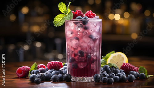 Freshness in a glass Raspberry cocktail with blueberry, mint leaf generated by AI