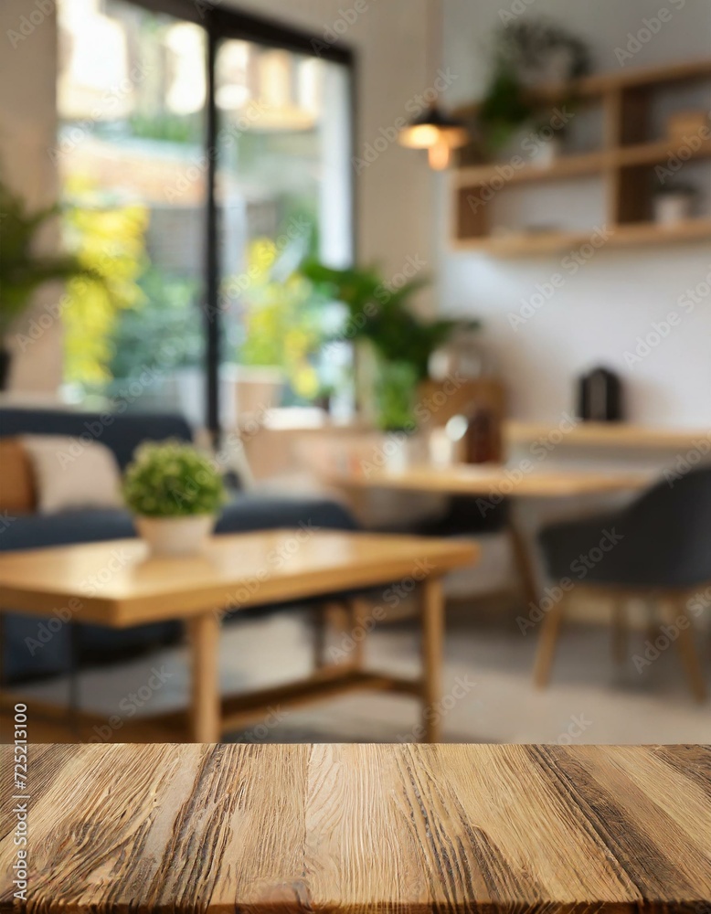 Empty wooden tabletop with blurred living room background, modern living room with Wood table with blurred modern apartment interior background, dining room with table