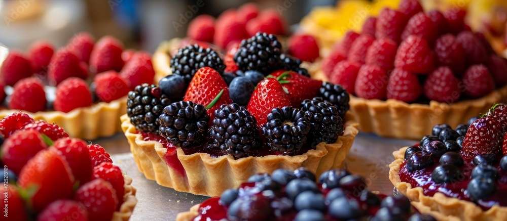 Fruit tarts adorned with various berries at a farmers market in Prague. Fruit tarts adorned with various berries at a farmers market in Prague.