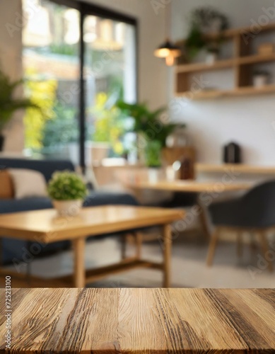 Empty wooden tabletop with blurred living room background  modern living room with Wood table with blurred modern apartment interior background  dining room with table