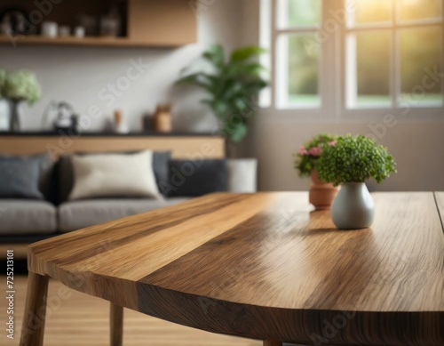 modern living room background  modern living room with dark Wood table with blurred modern apartment interior background  Empty dark wooden tabletop with blurred living room background  