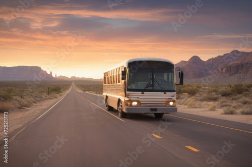 vintage bus in dessert highway in sunset 