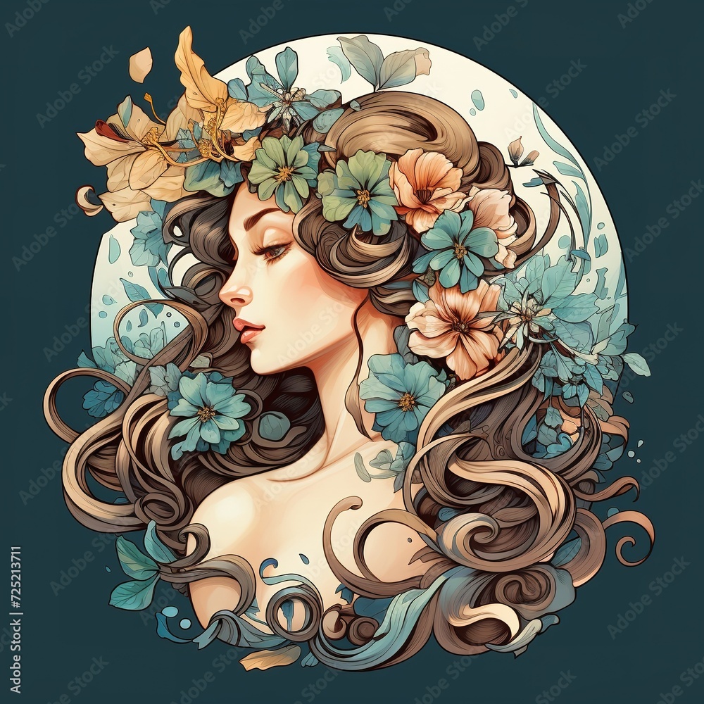 illustration of women with flower and leaves ornament with art nouveau style ai generated