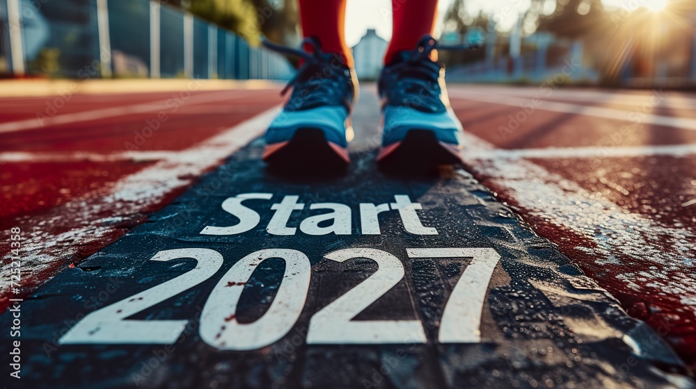 A running or walking track with letters marked "Start 2027". Training track with text "Start 2027". Starting the year off on the right foot. Happy New Year. - obrazy, fototapety, plakaty 