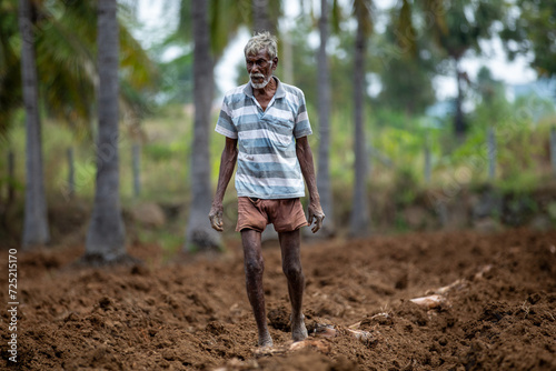 An Indian farmer is growing plants in the field.